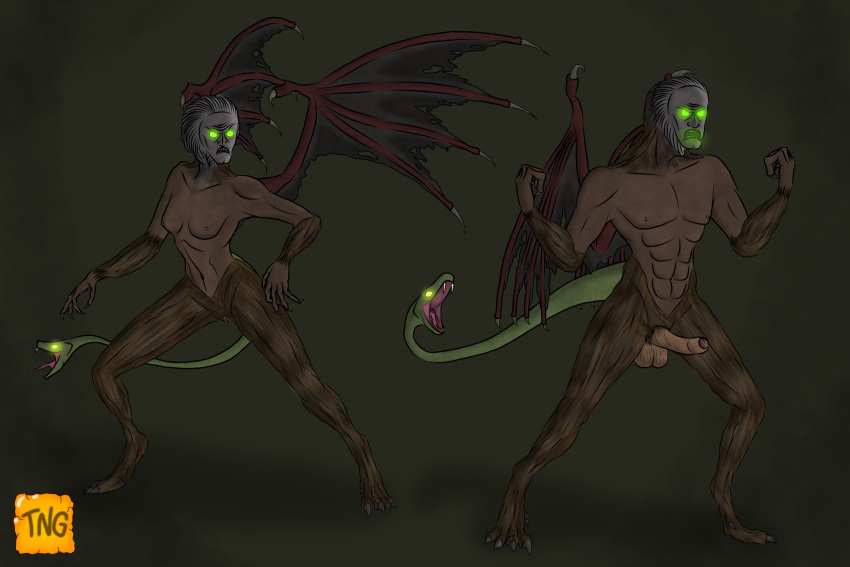 3:2 5_fingers anthro athletic bat_wings brown_body brown_fur chimera claws demon duo female fingers foreskin fur genitals hi_res living_tail male maneater_(demon's_souls) mask membrane_(anatomy) membranous_wings muscular muscular_male nude penis reptile scalie snake snake_tail tail the_nameless_guy toned_female unusual_anatomy unusual_tail wings