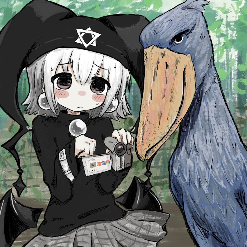 1girl beads bird black_headwear black_sweater black_wings bubbacterial camcorder detached_wings earrings grey_skirt hat highres holding_camcorder jester_cap jewelry looking_at_viewer mayura medium_hair purple_eyes shoebill skirt solo sweater ukagaka upper_body video_camera white_hair wings