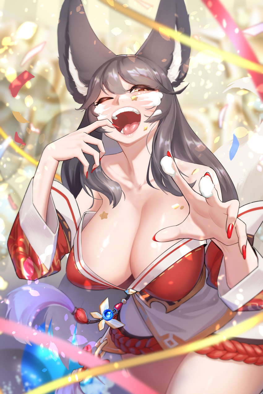 1girl absurdres ahri_(league_of_legends) animal_ears black_hair breasts cleavage cream cream_on_face facial_mark food food_on_face fox_ears fox_girl fox_tail highres kitsune large_breasts league_of_legends long_hair off_shoulder tail whisker_markings yabby