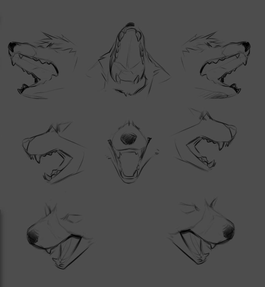 2020 ambiguous_gender angiewolf black_and_white canid canine fangs fur grey_background hi_res line_art mammal monochrome open_mouth sharp_teeth simple_background sketch smile snout teeth