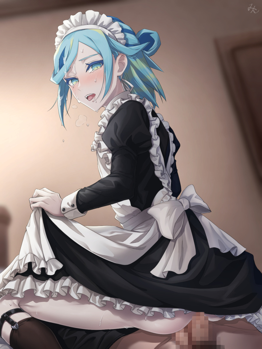 2boys alternate_costume anal apron aqua_eyes aqua_hair ass black_dress blurry blurry_background blush buttons censored clothes_lift collared_dress commentary_request crossdressing dress dress_lift frilled_apron frills grusha_(pokemon) highres indoors lifted_by_self long_sleeves looking_down maid_headdress male_focus min_(myna8247) mosaic_censoring multiple_boys open_mouth penis pokemon pokemon_(game) pokemon_sv sex socks sweat teeth tongue tongue_out upper_teeth_only white_apron yaoi