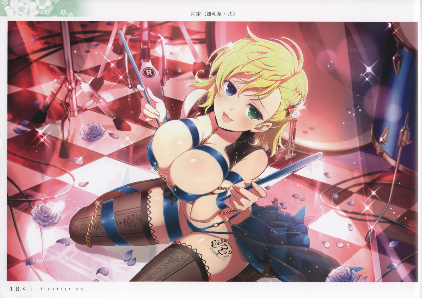 1girl absurdres bare_shoulders blonde_hair blue_eyes breasts checkered_floor cleavage drumsticks flower green_eyes heterochromia highres holding large_breasts looking_at_viewer official_art open_mouth page_number petals scan senran_kagura senran_kagura_new_link shiny_skin short_hair simple_background smile solo tattoo thighhighs thighs yaegashi_nan