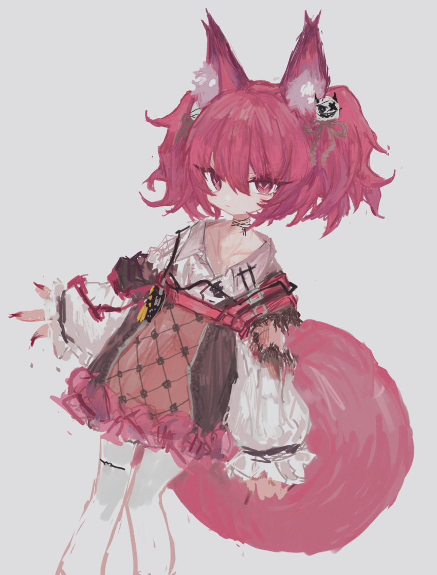 1girl animal_ear_fluff animal_ears arknights black_choker black_ribbon burnt_clothes choker closed_mouth fox_ears fox_girl fox_tail grey_background hair_ornament highres looking_at_viewer pantyhose pink_hair reitoubeef ribbon ribbon_choker shamare_(arknights) simple_background sketch solo tail torn_clothes twintails white_pantyhose