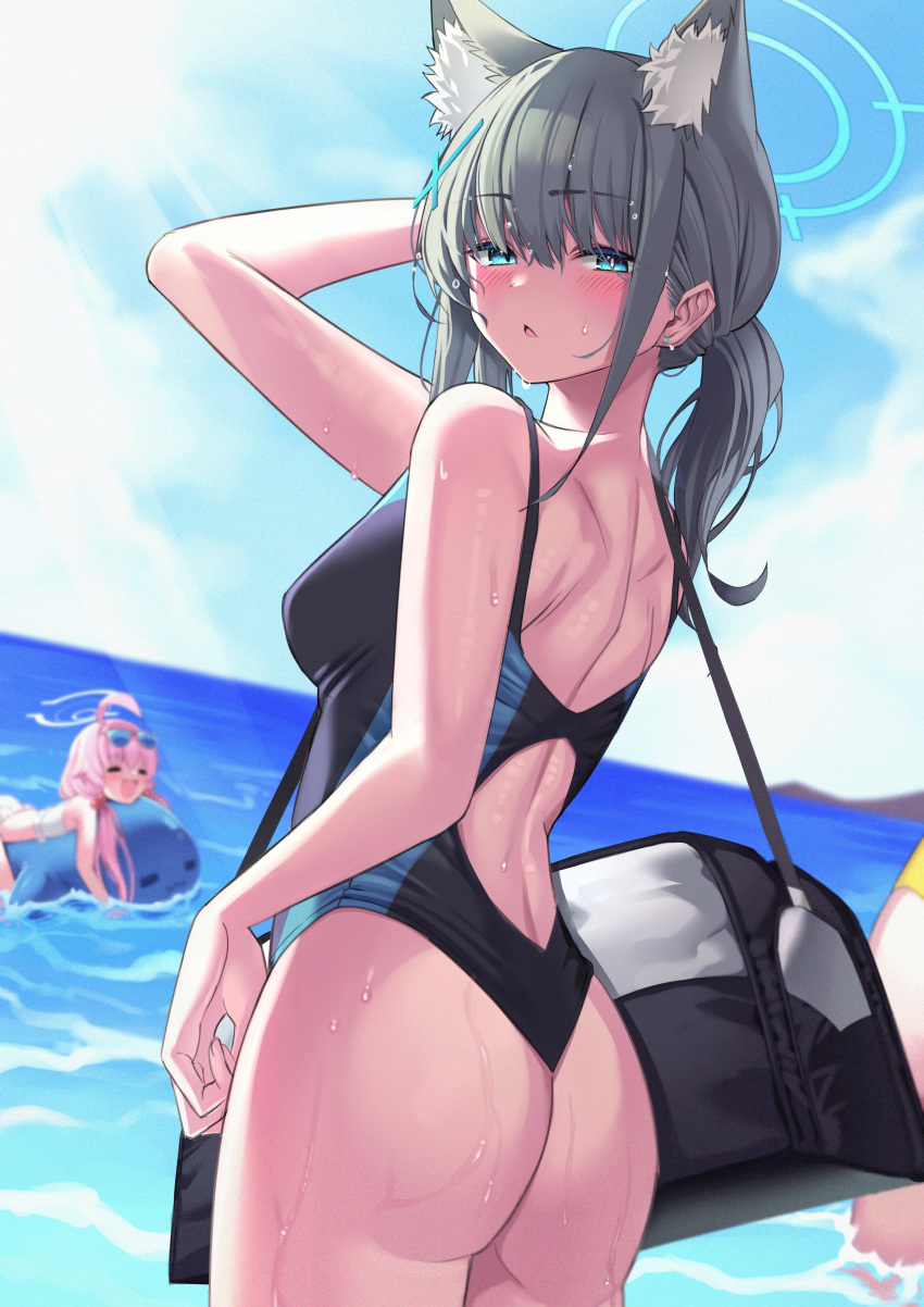 2girls absurdres animal_ear_fluff animal_ears ass backless_swimsuit black_bag black_one-piece_swimsuit blue_archive blue_eyes blue_sky blunt_bangs blurry blush cloud commentary_request competition_swimsuit cowboy_shot cross cross_earrings day depth_of_field earrings extra_ears grey_hair hand_up highres jewelry looking_at_viewer looking_back low_ponytail mismatched_pupils multiple_girls official_alternate_costume one-piece_swimsuit open_mouth outdoors painter_j ponytail shiroko_(blue_archive) shiroko_(swimsuit)_(blue_archive) sky standing stud_earrings sweat swimsuit wet wolf_ears