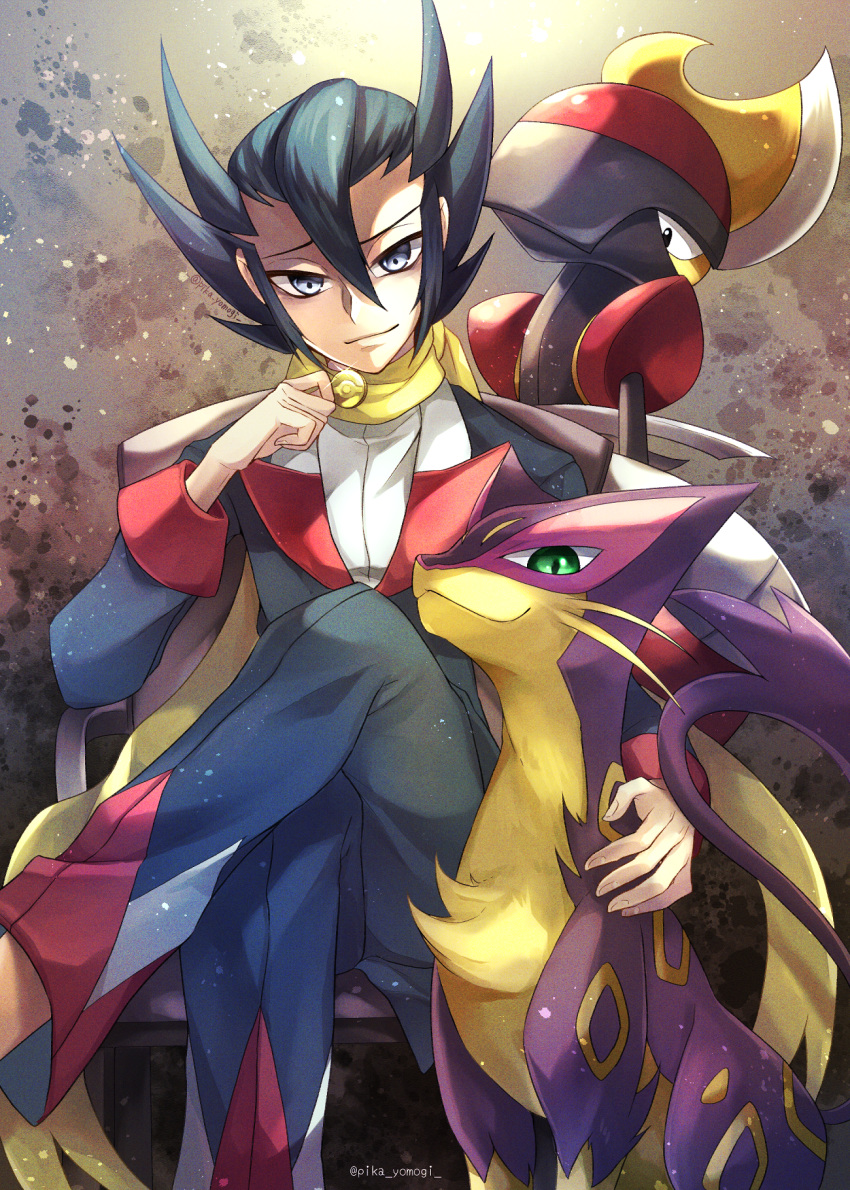 1boy bisharp black_hair black_jacket black_pants closed_mouth crossed_legs dress_shirt green_eyes grimsley_(pokemon) highres indoors jacket liepard long_sleeves male_focus medium_hair pants pokemon pokemon_(creature) pokemon_(game) pokemon_bw scarf shirt sitting smile solo spiked_hair twitter_username white_shirt yellow_scarf yomogi_(black-elf)