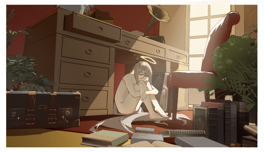 1girl absurdly_long_hair aia_amare barefoot book border cabinet chest_of_drawers completely_nude covered_mouth desk drawer full_body green_eyes grey_hair halo highres hugging_own_legs indoors knees_up kongdebiekanl long_hair looking_at_viewer nijisanji nijisanji_en nude on_floor open_drawer phonograph plant potted_plant sitting solo sunlight very_long_hair virtual_youtuber window