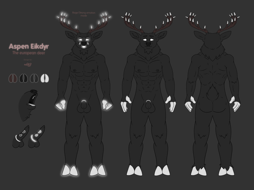 absurd_res angry angry_expression anthro butt deer erection european_deer genitals glowing glowing_eyes glowing_genitalia glowing_horn glowing_penis hi_res horn humanoid male mammal model_sheet naoto penis solo