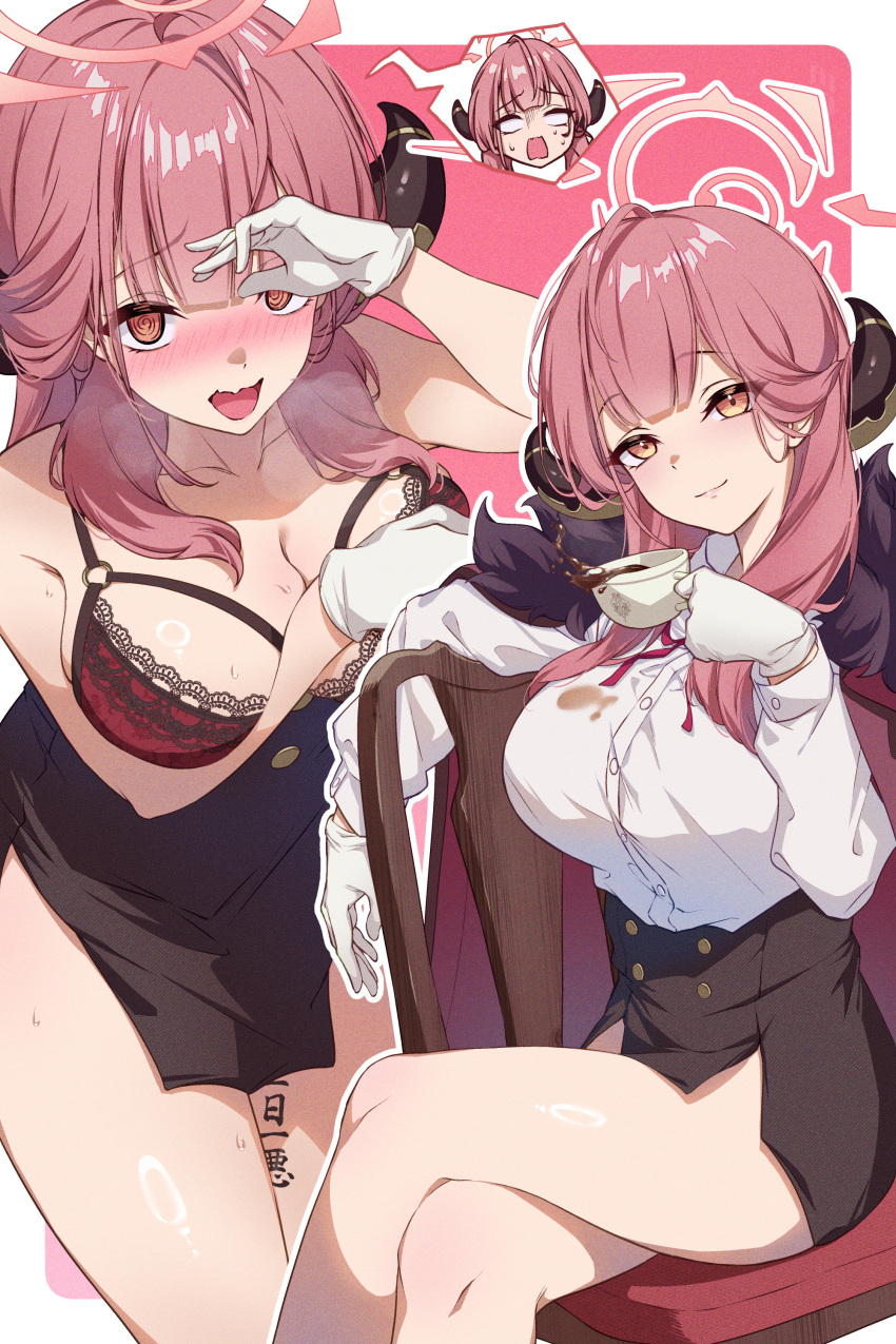 1girl @_@ absurdres aru_(blue_archive) black_skirt blue_archive blush bra breasts cleavage crossed_legs cup embarrassed gloves halo highres horns lace-trimmed_bra lace_trim large_breasts miniskirt multiple_views nolmo pencil_skirt pink_hair red_bra shirt shirt_tucked_in sitting skirt spilling spoken_expression stain sweat teacup underwear white_gloves white_shirt yellow_eyes