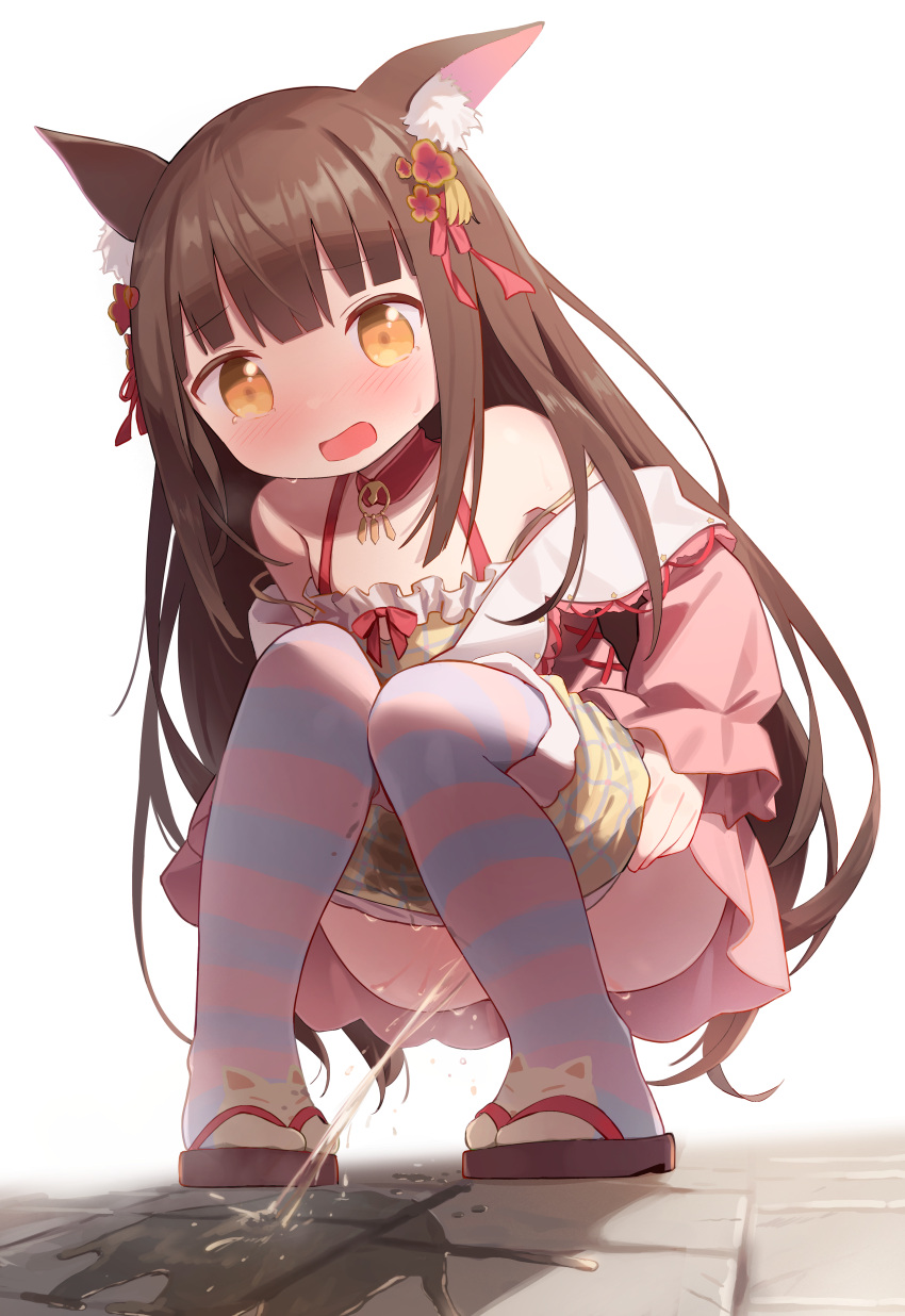 1girl absurdres animal_ear_fluff animal_ears animal_print azur_lane bare_shoulders blue_thighhighs blunt_bangs blush bow bow_camisole breasts brown_hair camisole cat_print choker cloneko_(zelmeledf2) clothes_pull commission commissioner_upload fox_ears fox_girl frilled_camisole frills full_body fur-trimmed_shorts fur_trim hair_ornament halterneck highres jacket long_hair long_sleeves nagato_(azur_lane) nagato_(guardian_fox's_vacation)_(azur_lane) non-web_source open_mouth pee pee_stain peeing peeing_self pendant_choker pink_jacket pink_thighhighs puffy_long_sleeves puffy_sleeves red_bow red_choker sandals short_shorts shorts shorts_pull skeb_commission small_breasts solo spaghetti_strap squatting stained_clothes strap_slip striped striped_thighhighs sweat tabi tearing_up thighhighs very_long_hair white_background yellow_camisole yellow_eyes yellow_shorts zouri