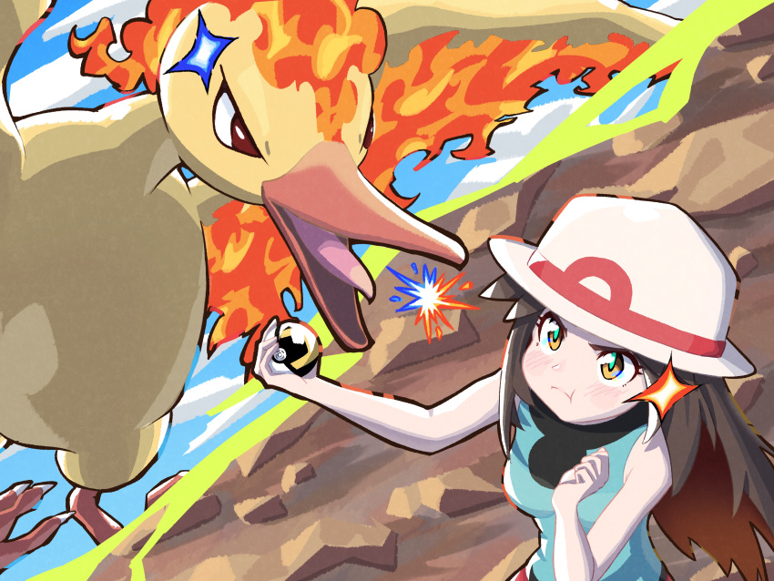 1girl :t absurdres bare_arms bird blush breasts brown_hair closed_mouth commentary_request day green_shirt hair_flaps hat highres holding holding_poke_ball keeno-ringo46 leaf_(pokemon) long_hair moltres outdoors poke_ball pokemon pokemon_(creature) pokemon_(game) pokemon_frlg pout shirt sleeveless sleeveless_shirt ultra_ball white_headwear