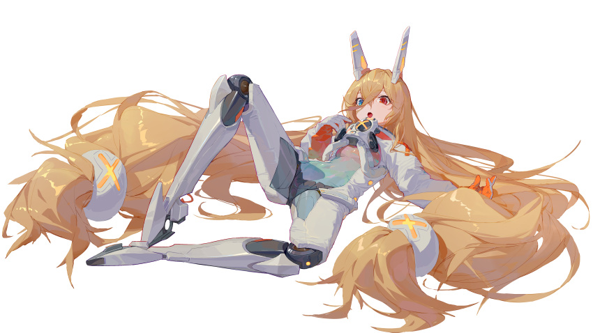 1girl absurdres blonde_hair blue_eyes bodysuit crossed_bangs full_body g41_(girls'_frontline) g41_(universal_express)_(girls'_frontline) girls'_frontline heterochromia highres knee_up long_hair lying mecha_musume mechanical_ears mechanical_legs official_alternate_costume on_back open_mouth red_eyes ren_huozhe solo spacesuit very_long_hair white_bodysuit