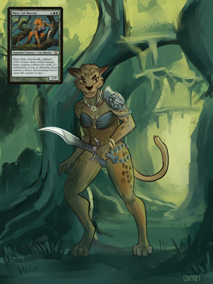 absurd_res animal_humanoid anthro armor breasts cat_humanoid catfolk clothed clothing domestic_cat felid felid_humanoid feline feline_humanoid felis female forest fur hasbro hi_res humanoid jungle leonin magic:_the_gathering mammal mammal_humanoid melee_weapon mirri_cat_warrior ony01 paws plant solo tree weapon wizards_of_the_coast