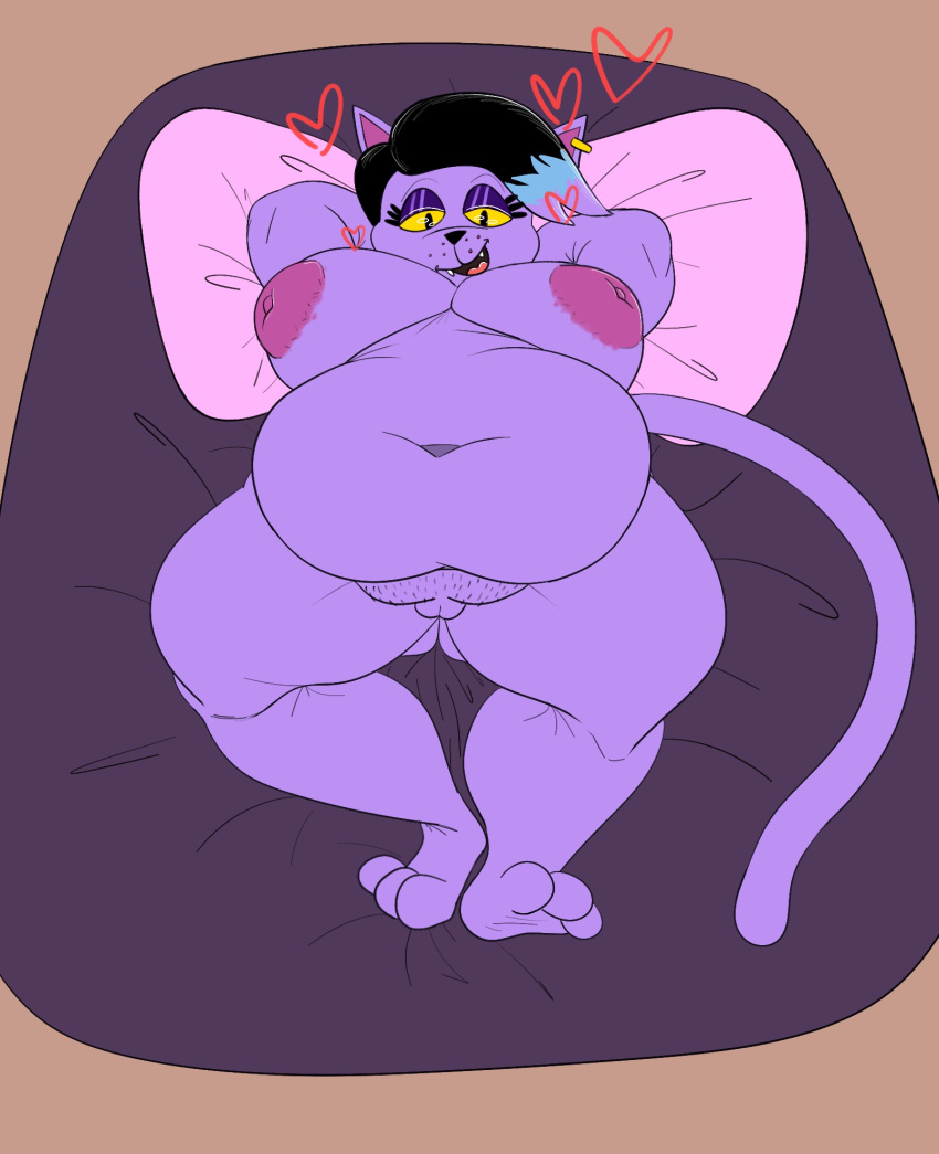 &lt;3 anthro bed bedroom_eyes belly big_breasts breasts catty_(undertale) felid feline female furniture hi_res hyenalattes mammal narrowed_eyes navel obese overweight presenting purple_body seductive shaved_pussy solo undertale_(series) yellow_sclera