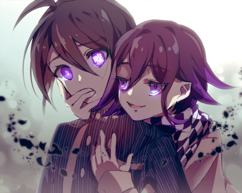 2boys :d ahoge brown_hair checkered_clothes checkered_scarf chinsha_(g0_mennasa1) danganronpa_(series) danganronpa_v3:_killing_harmony glowing glowing_eyes grey_background hair_between_eyes hand_in_another's_mouth jacket male_focus multiple_boys oma_kokichi open_mouth pointy_ears purple_eyes saihara_shuichi scarf smile striped striped_jacket two-tone_background upper_body white_background