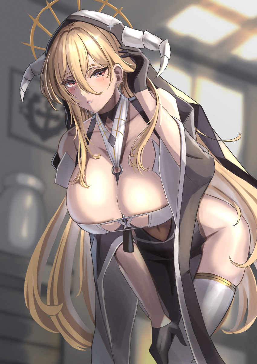 1girl absurdres azur_lane bare_shoulders bent_over between_breasts black_gloves blonde_hair blurry blurry_background breast_cutout breasts cleavage covered_navel fake_horns gloves habit hair_between_eyes half_gloves highres horns huge_breasts implacable_(azur_lane) indoors long_bangs long_hair looking_at_viewer namazake nun pelvic_curtain red_eyes revealing_clothes solo thighhighs two-tone_dress veil very_long_hair white_horns white_thighhighs