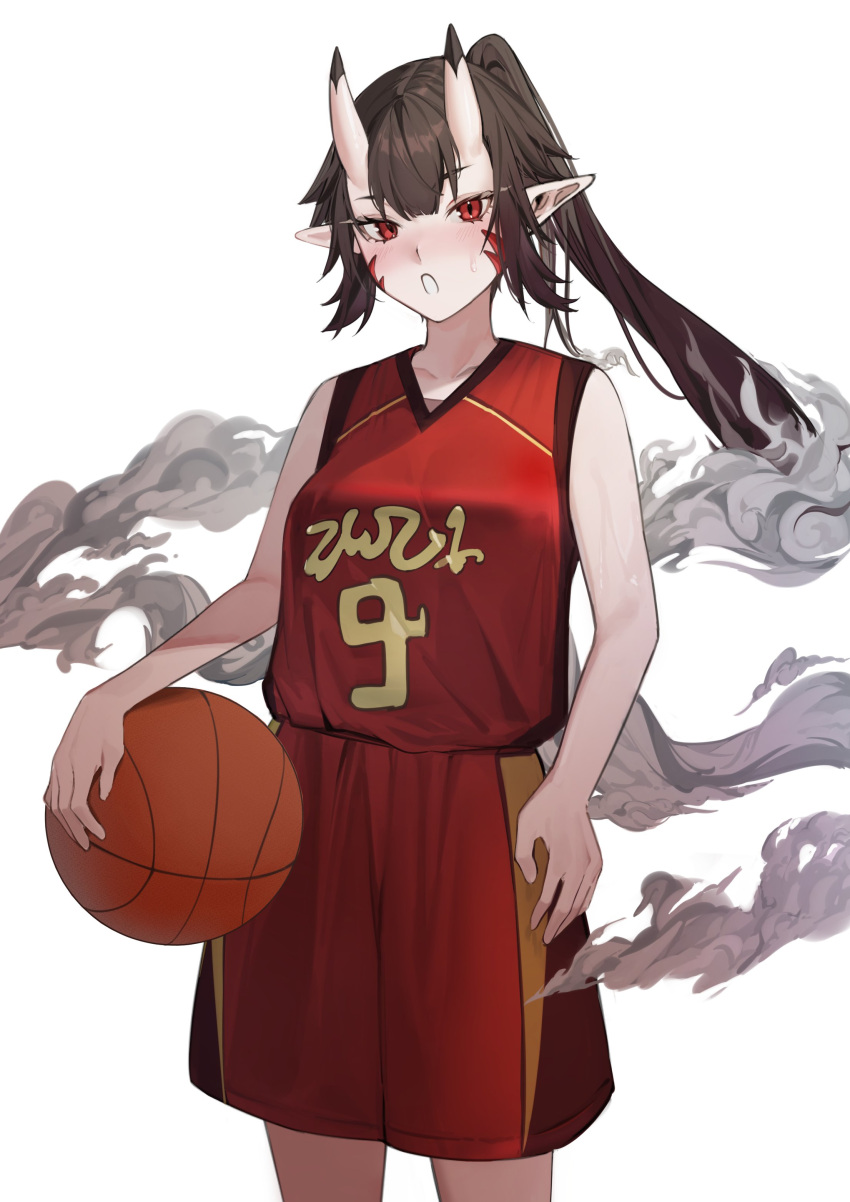 1girl absurdres ball bare_shoulders basketball basketball_jersey basketball_uniform breasts brown_hair high_ponytail highres hiiragi_mikoto holding holding_ball horns large_breasts long_hair looking_at_viewer oni_horns open_mouth original pointy_ears red_eyes sportswear