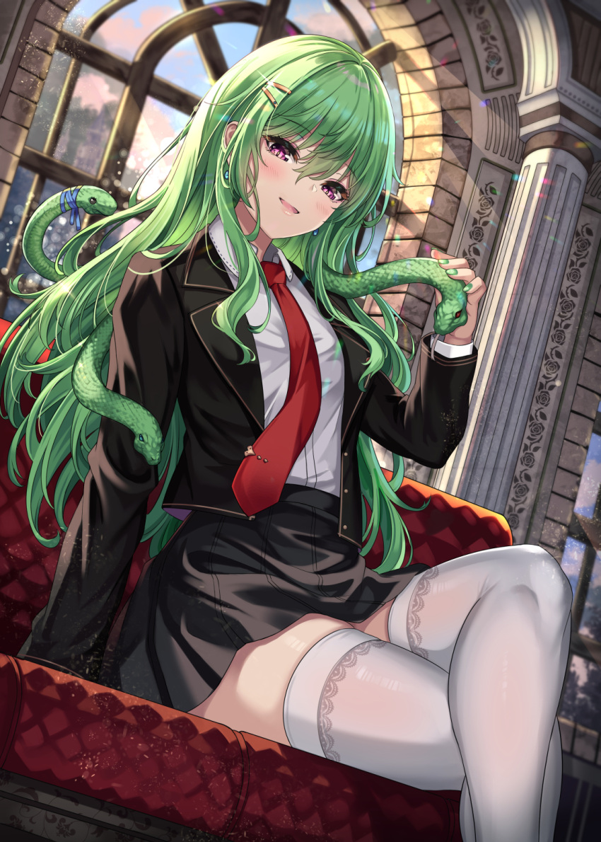 1girl black_jacket black_skirt blush cenangam character_request collared_shirt commentary_request copyright_request crossed_legs earrings feet_out_of_frame green_hair green_nails hair_ornament hairclip highres jacket jewelry korean_commentary long_hair long_sleeves looking_at_viewer necktie open_clothes open_jacket parted_lips purple_eyes red_necktie shirt sitting skirt smile snake thighhighs thighs white_shirt white_thighhighs