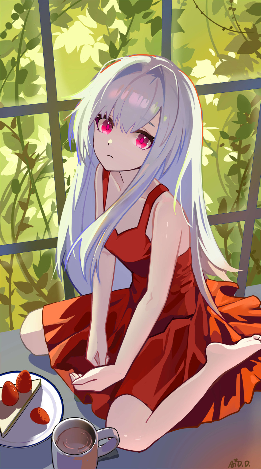 1girl absurdres ai_dongdong arms_between_legs bare_shoulders barefoot breasts cake clara_(honkai:_star_rail) closed_mouth coffee_mug collarbone cup dress expressionless feet food fruit full_body hair_between_eyes hair_intakes highres honkai:_star_rail honkai_(series) indoors long_bangs long_hair looking_at_viewer mug pink_eyes plant plate pleated_dress red_dress short_dress sidelocks signature sitting sleeveless sleeveless_dress small_breasts soles solo straight_hair strawberry toes vines wariza white_hair window