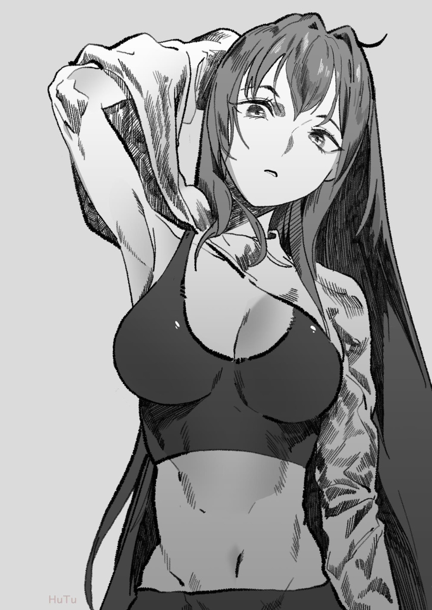 1girl arm_at_side arm_up artist_name breasts cleavage clothes_lift fate/grand_order fate_(series) greyscale groin hair_intakes highres hu_tu large_breasts long_hair long_sleeves looking_at_viewer midriff monochrome navel parted_lips scathach_(fate) shirt shirt_lift solo sports_bra upper_body watermark