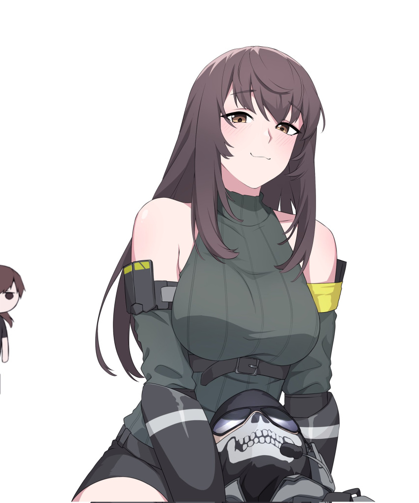brown_eyes brown_hair call_of_duty call_of_duty:_mobile chibi chibi_inset cosplay dusk_(call_of_duty:_mobile) ghost_(modern_warfare_2) girls'_frontline gloves highres long_hair looking_at_viewer m4a1_(girls'_frontline) m4a1_(girls'_frontline)_(cosplay) m4a1_(mod3)_(girls'_frontline) mask mizushima_naomi narchiart skull_mask tagme