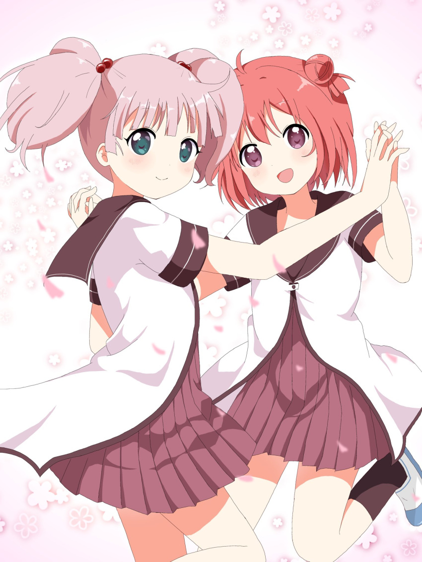 2girls :d ahoge akaza_akari aqua_eyes blue_eyes blush cherry_blossoms closed_mouth double_bun dress floral_background flower green_eyes hair_bobbles hair_bun hair_intakes hair_ornament happy highres holding_hands interlocked_fingers lazysloth2022 leg_up looking_at_viewer looking_back multiple_girls nanamori_school_uniform open_mouth petals pink_background pink_hair pleated_dress purple_eyes red_hair sailor_collar sailor_dress school_uniform serafuku shoes short_hair short_sleeves short_twintails simple_background single_hair_bun smile socks standing standing_on_one_leg twintails yoshikawa_chinatsu yuru_yuri