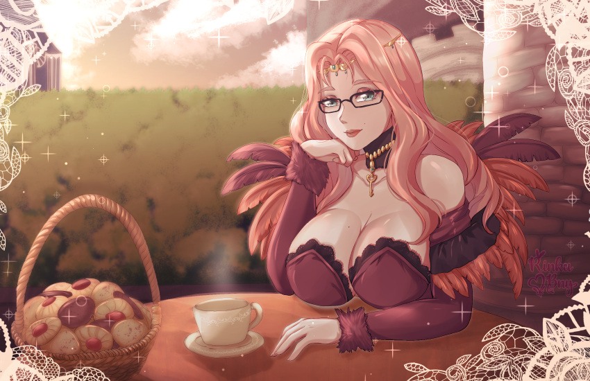 1girl bare_shoulders basket bespectacled black_choker choker circlet commentary_request cookie cornelia_arnim cup dress feathers fire_emblem food glasses highres long_hair long_sleeves looking_at_viewer off-shoulder_dress off_shoulder outdoors pink_hair red_dress rinku_bny solo sparkle teacup upper_body