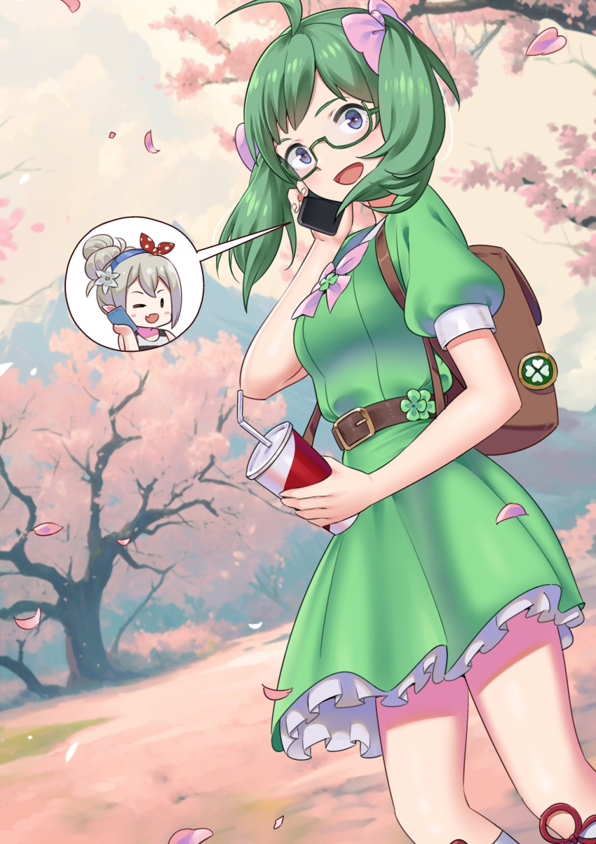 absurdres alternate_costume backpack bag belt cherry_blossoms drink fire_emblem fire_emblem_fates glasses green_hair hair_bun highres holding holding_drink igni_tion kana_(female)_(fire_emblem) kana_(fire_emblem) midori_(fire_emblem) outdoors purple_eyes short_twintails siblings sisters talking_on_phone twintails