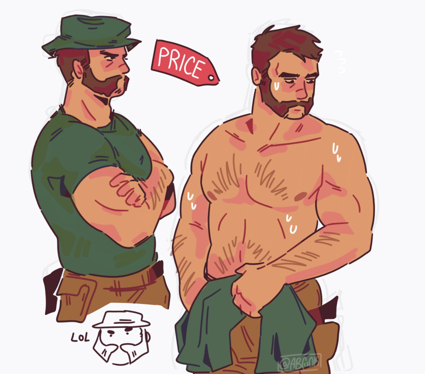 1boy abcisok arm_hair averting_eyes bara beard blush call_of_duty captain_price chest_hair crossed_arms dark-skinned_male dark_skin doodle_inset facial_hair feet_out_of_frame frown goatee_stubble hairy highres large_pectorals looking_ahead male_focus mature_male multiple_views muscular muscular_male mustache mutton_chops navel_hair nipples pants pectorals plump shirt short_hair sweatdrop t-shirt thick_eyebrows topless_male