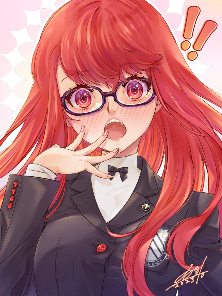 1girl black-framed_eyewear black_jacket blush glasses hair_down highres jacket long_hair long_sleeves looking_at_viewer official_alternate_hairstyle open_mouth persona persona_5 persona_5_the_royal qoo1234 red_eyes red_hair school_uniform shuujin_academy_school_uniform simple_background solo surprised sweater turtleneck turtleneck_sweater yoshizawa_kasumi yoshizawa_sumire