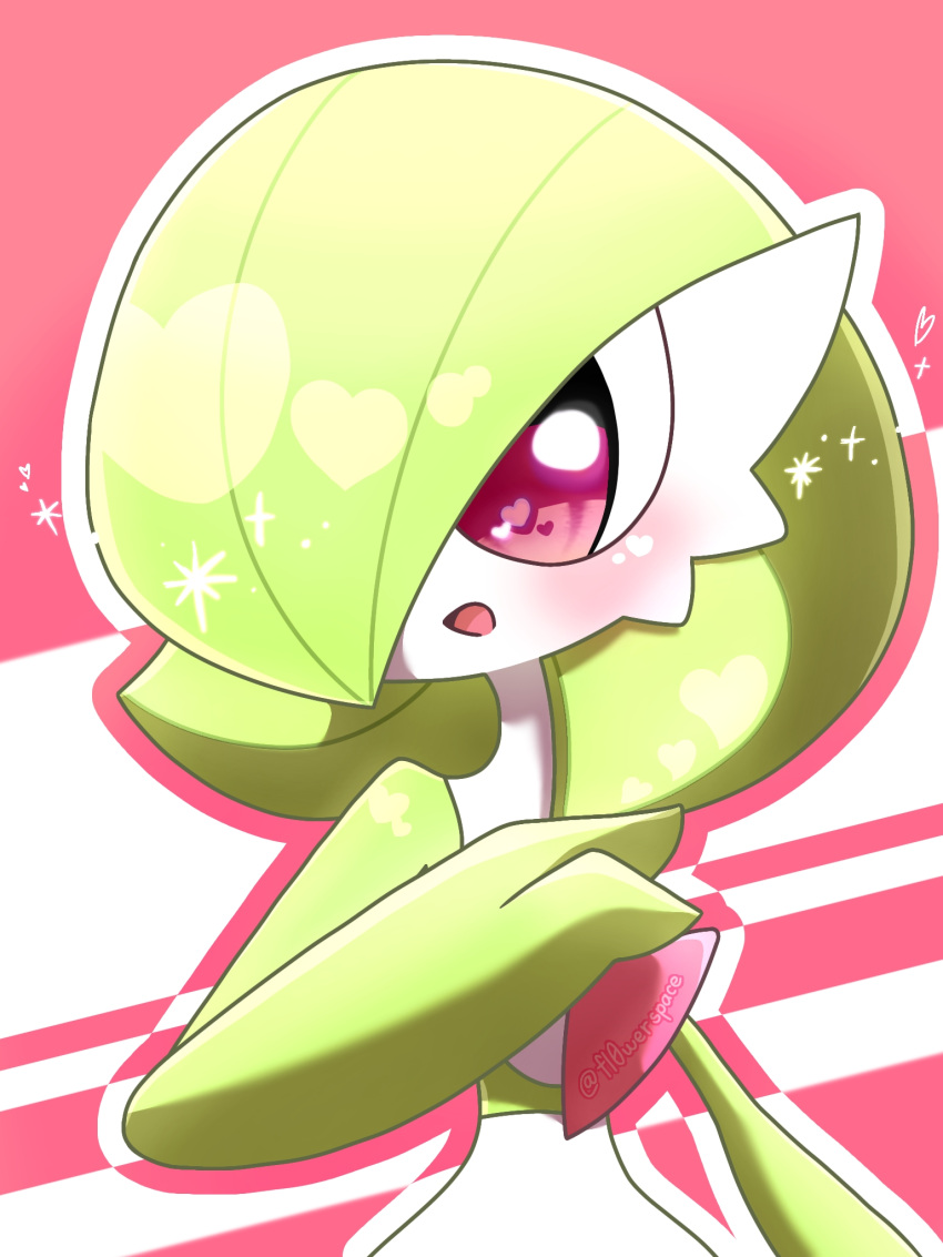 1girl arm_at_side artist_name blush bob_cut colored_skin commentary_request english_commentary flat_chest gardevoir green_hair green_skin hair_over_one_eye hand_up happy heart heart_in_eye highres looking_to_the_side mixed-language_commentary multicolored_skin one_eye_covered open_mouth outline partial_commentary pokemon pokemon_(creature) red_background red_eyes red_outline short_hair signature smile solo sparkle standing symbol_in_eye twitter_username two-tone_background two-tone_skin upper_body white_outline white_skin yuri_(pixiv_76483886)