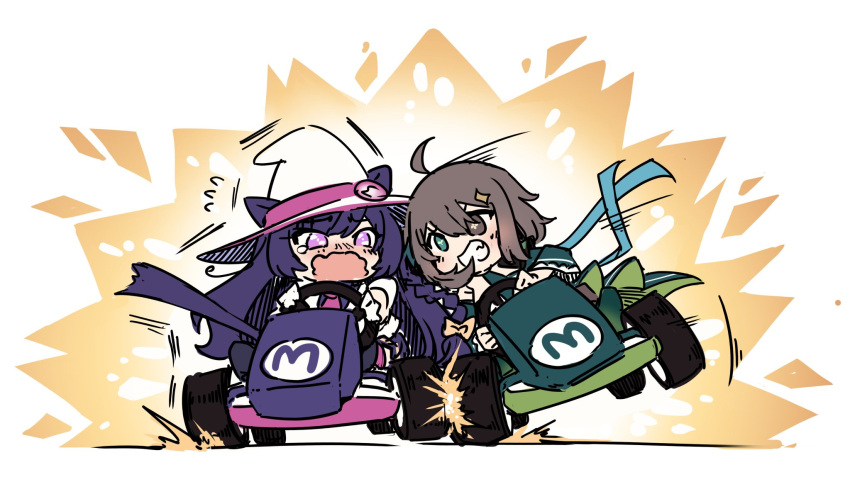 2girls ahoge animal_ears blush braid brown_eyes brown_hair chibi commentary_request commission crash cross-shaped_pupils detached_sleeves dress driving evil_grin evil_smile go-kart green_dress green_eyes green_necktie grin hat heterochromia highres indie_virtual_youtuber jacket long_hair mai_noboshi medium_hair meica_(vtuber) mismatched_pupils motion_lines multiple_girls necktie pink_necktie purple_eyes purple_hair racing scared second-party_source sesield single_braid smile spanish_commentary sprout-shaped_pupils suit_jacket symbol-shaped_pupils tearing_up virtual_youtuber white_background white_jacket witch witch_hat