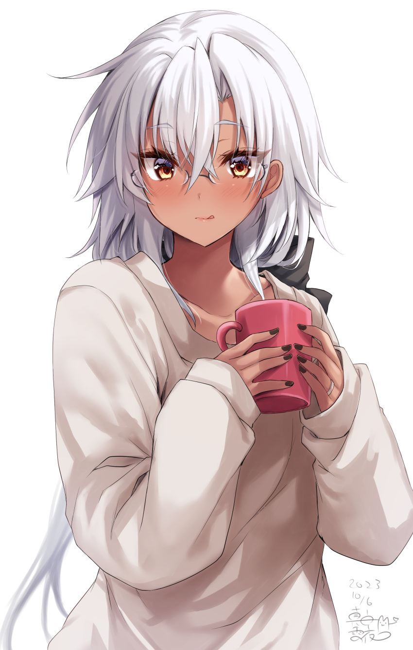 1girl :p absurdres alternate_hairstyle black_bow black_nails bow brown_eyes coffee_mug crossed_bangs cup dark-skinned_female dark_skin dated grey_hair hair_between_eyes hair_bow hair_down highres holding holding_cup kantai_collection licking_lips long_hair looking_at_viewer mashiro_yukiya mug musashi_(kancolle) semi-rimless_eyewear signature solo sweater tongue tongue_out upper_body white_background