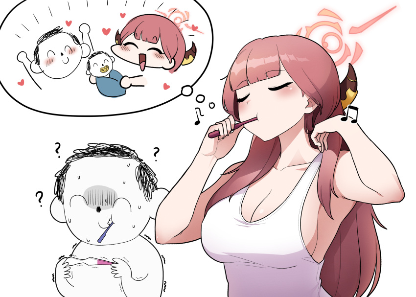 1boy 1girl ? arona's_sensei_doodle_(blue_archive) aru_(blue_archive) baby blue_archive blush breasts brushing_teeth camisole cleavage closed_eyes collarbone cropped_torso demon_horns halo heart highres horns imagining large_breasts pink_hair pregnancy_test sensei_(blue_archive) seukkalang simple_background thought_bubble trembling turn_pale upper_body white_background white_camisole