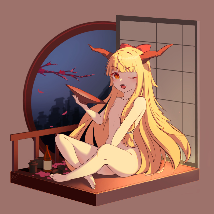 1girl absurdres architecture blonde_hair blunt_bangs bottle bow branch brown_background brown_horns chinese_commentary commentary_request completely_nude crossed_legs cup east_asian_architecture falling_petals full_body hair_bow hair_over_breasts highres holding holding_cup horns ibuki_suika indian_style isometric long_hair looking_at_viewer medium_bangs nude one_eye_closed open_mouth orange_eyes petals railing red_bow round_window rrsuika sakazuki sake_bottle shouji sidelocks sitting sliding_doors smile solo teeth touhou upper_teeth_only very_long_hair window