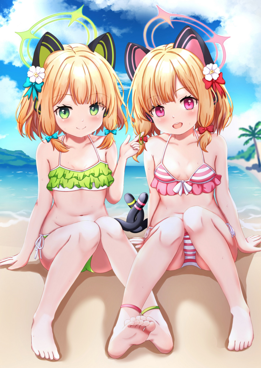 2girls :d absurdres alternate_costume animal_ear_headphones animal_ears anklet arm_support ass bare_legs barefoot beach bikini blue_archive blue_sky blunt_bangs blurry bow breasts cat_ear_headphones cat_tail cleavage cloud cloudy_sky collarbone commentary_request depth_of_field fake_animal_ears fake_tail flower frilled_bikini frills green_bikini green_eyes hair_bow hair_flower hair_ornament hair_ribbon halo headphones highres jewelry looking_at_viewer midori_(blue_archive) momoi_(blue_archive) mountainous_horizon multiple_girls navel ocean orange_hair outdoors parted_bangs pink_bikini purple_eyes ribbon short_hair siblings side-tie_bikini_bottom sidelocks sisters sitting sky sleeveless smile soles spaghetti_strap stomach striped striped_bikini swimsuit tail toes tress_ribbon twins uro30