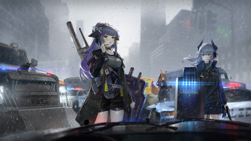3girls ambulance animal_ear_fluff animal_ears arknights armored_vehicle ballistic_shield black_cat black_dress black_shorts black_skirt black_sleeves blue_hair blue_sleeves breasts brown_eyes brown_hair brown_sleeves cannon car cat cat_ears cat_girl cityscape closed_mouth collarbone dragon_girl dragon_horns dragon_tail dress fox_ears fox_girl fox_tail franka_(arknights) green_eyes grey_hair grey_jacket gun hair_ornament handgun headset highres holding holding_gun holding_shield holding_weapon horns id_card jacket jessica_(arknights) jessica_the_liberated_(arknights) light liskarm_(arknights) long_hair long_sleeves motor_vehicle multiple_girls open_mouth outdoors police_car purple_hair rain scenery shield shorts skirt sky standing sword tail tearing_up user_hkfk3887 weapon