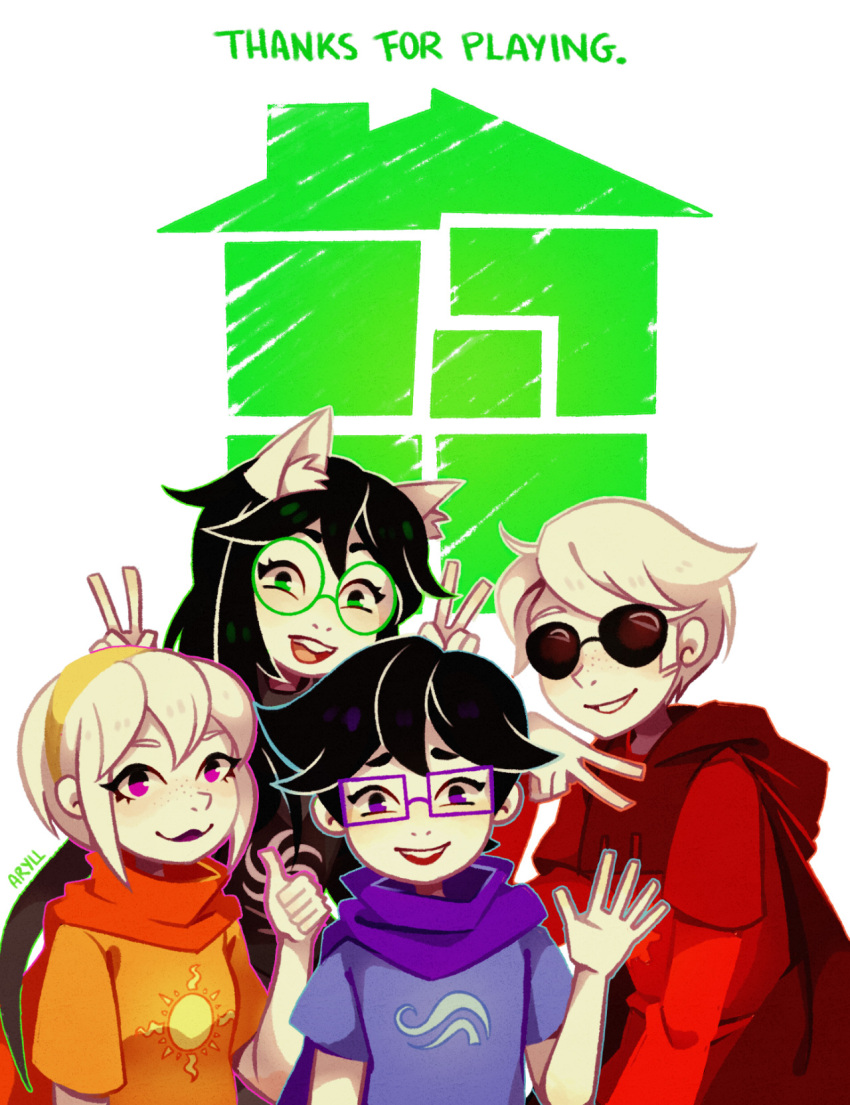 2boys 2girls :d animal_ears artist_name aryll_(marbles) black_hair blue_cape cape colored_skin commentary dave_strider dog_ears double_v english_commentary freckles glasses green-framed_eyewear green_eyes hairband highres homestuck jade_harley john_egbert multiple_boys multiple_girls red_cape rose_lalonde sideburns sidelocks smile sunglasses thumbs_up v white_background white_hair white_skin yellow_hairband