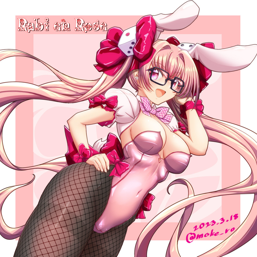 1girl adapted_costume animal_ears black-framed_eyewear black_pantyhose bow bowtie breasts character_name commentary_request covered_navel dated di_gi_charat dice_hair_ornament fishnet_pantyhose fishnets hair_ornament hand_on_hip highres leotard long_hair medium_breasts moke_ro pantyhose pink_bow pink_bowtie pink_hair pink_leotard plaid plaid_bow plaid_bowtie playboy_bunny puffy_short_sleeves puffy_sleeves rabbit_ears rabbit_tail red_eyes short_sleeves shrug_(clothing) smile solo strapless strapless_leotard tail thighband_pantyhose twintails twitter_username usada_hikaru wristband