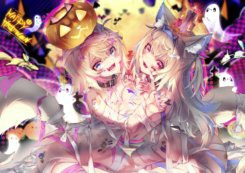 2girls :3 :d absurdres animal_ear_fluff animal_ears asymmetrical_docking bandaged_arm bandaged_leg bandages belt_collar black_collar blonde_hair blue_eyes blue_hair blue_nails breast_press breast_tattoo breasts candle cleavage collar dog_ears dog_girl dog_tail fangs fuwawa_abyssgard hair_ornament halloween happy_halloween highres hololive hololive_english large_breasts leg_tattoo long_hair looking_at_viewer medium_hair mococo_abyssgard multicolored_hair multiple_girls mummy_costume nail_polish open_mouth pink_eyes pink_hair pink_nails pparus pumpkin_on_head shoulder_tattoo siblings sidelocks sisters skin_fangs small_breasts smile streaked_hair tail tattoo twins two_side_up virtual_youtuber x_hair_ornament