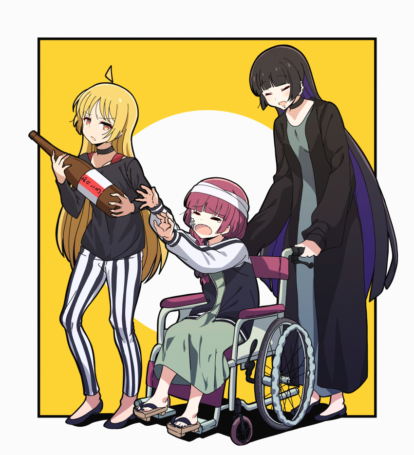 3girls absurdres ahoge alcohol bandaged_head bandages black_choker black_coat black_hair black_jacket black_pants black_shirt blonde_hair bocchi_the_rock! bottle chin_piercing choker closed_eyes coat colored_inner_hair dress ear_piercing geta goumonsha green_dress highres hime_cut hiroi_kikuri ijichi_seika jacket long_hair multicolored_clothes multicolored_hair multicolored_jacket multiple_girls pa-san pants piercing purple_hair red_eyes shirt sitting standing striped striped_pants two-tone_jacket two-tone_pants vertical-striped_pants vertical_stripes wheelchair white_jacket white_pants