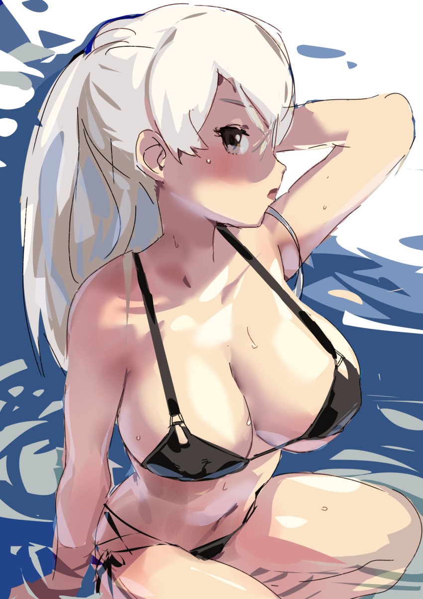 1girl bikini black_bikini breasts brown_eyes cleavage conte_di_cavour_(kancolle) highres igarashi_mangou kantai_collection large_breasts long_hair looking_at_viewer official_alternate_costume profile side-tie_bikini_bottom solo swimsuit two_side_up white_hair