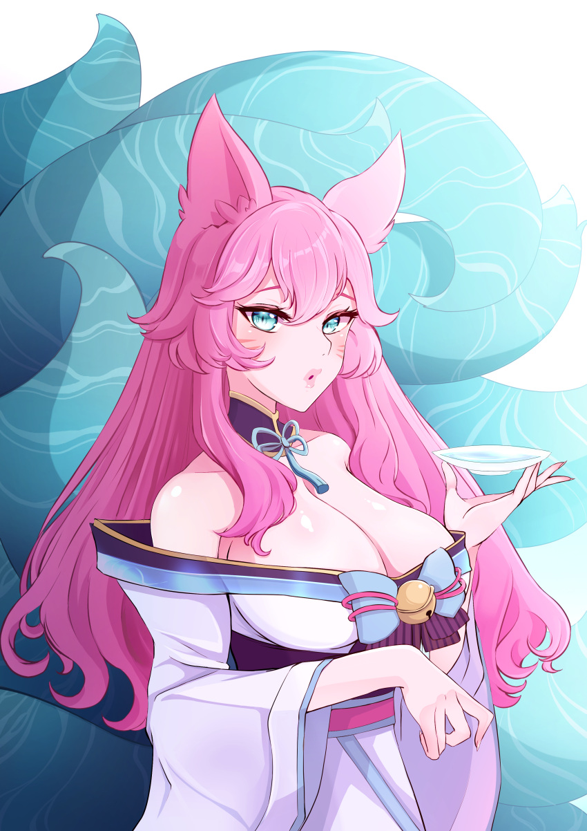 1girl :o absurdres ahri_(league_of_legends) animal_ears bare_shoulders bow bowtie breasts cleavage facial_mark fox_ears fox_tail green_bow green_bowtie green_tail hair_between_eyes hand_up highres holding japanese_clothes jimmytwo1019 kimono kumiho large_breasts league_of_legends long_hair long_sleeves multiple_tails off_shoulder pink_hair solo spirit_blossom_ahri tail upper_body whisker_markings white_kimono wide_sleeves