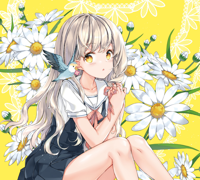 1girl absurdres animal bird black_dress blush collarbone dress flower highres juna light_brown_hair long_hair looking_at_viewer open_mouth original sailor_collar sailor_shirt shirt short_sleeves solo white_flower white_sailor_collar white_shirt yellow_eyes