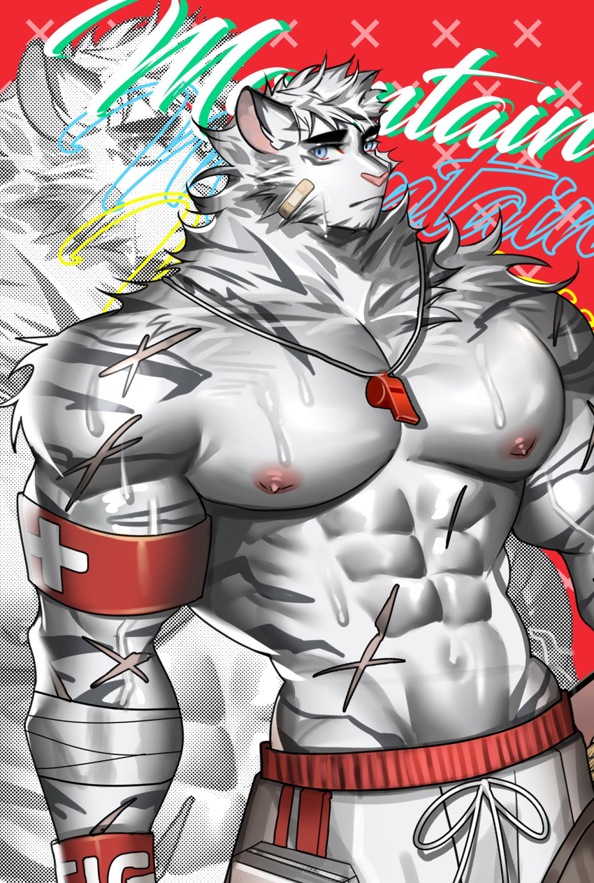 1boy abs absurdres alternate_costume animal_ears arknights artist_request bandaid bandaid_on_cheek bandaid_on_face bara facial_hair furry furry_male goatee highres large_pectorals lifeguard looking_at_viewer male_focus male_swimwear mountain_(arknights) muscular muscular_male nipples pectorals scar scar_across_eye scar_on_arm short_hair solo stomach swim_trunks thick_eyebrows tiger_boy tiger_ears topless_male whistle whistle_around_neck white_hair white_male_swimwear