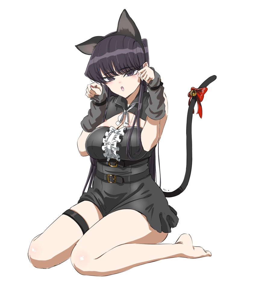 1girl animal_ears barefoot bell belt black_belt black_dress black_eyes black_hair black_sleeves breasts cat_ears cat_tail cleavage cleavage_cutout clothing_cutout detached_sleeves dress fake_animal_ears fake_tail feet full_body highres komi-san_wa_komyushou_desu komi_shouko large_breasts long_hair looking_at_viewer mitsugu open_mouth paw_pose short_dress simple_background sitting solo tail tail_bell tail_ornament thigh_strap thighs wariza white_background