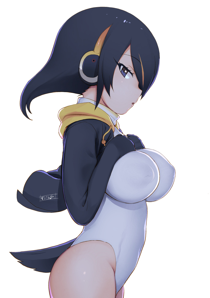 1girl absurdres bird_tail black_hair breast_suppress breasts covered_navel covered_nipples cowboy_shot drawstring emperor_penguin_(kemono_friends) eyelashes from_side hair_over_one_eye hands_on_own_chest hands_up headphones highres hood hood_down hooded_jacket impossible_clothes impossible_swimsuit jacket kemono_friends large_breasts long_bangs long_hair long_sleeves looking_at_viewer masuyama_ryou multicolored_hair one-piece_swimsuit open_clothes open_jacket orange_hair parted_lips penguin_tail sideways_glance simple_background skin_tight solo swimsuit tail two-tone_hair white_background white_swimsuit
