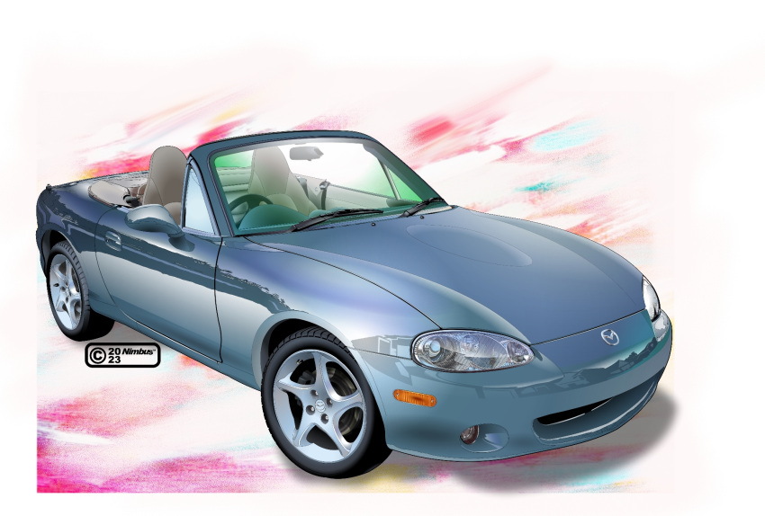 artist_name car convertible dated eunos_roadster grey_car ground_vehicle headlight highres mazda motor_vehicle nimbus_goldbrum no_humans original realistic steering_wheel vehicle_focus