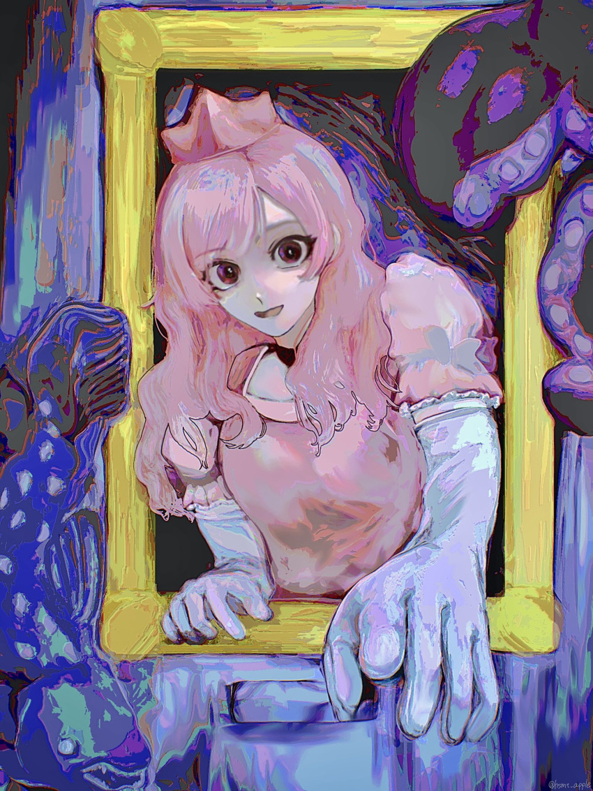 1000-nen_ikiteru_(vocaloid) 1girl black_choker bright_pupils choker coelacanth colorful commentary crazy_eyes cropped_torso crown dress elbow_gloves fish gloves hair_over_shoulder hashimoto_apple highres leaning_to_the_side long_hair looking_at_viewer open_mouth outstretched_hand pale_skin picture_frame pink_dress pink_hair pointing pointing_at_viewer puffy_short_sleeves puffy_sleeves red_eyes short_sleeves smile solo swept_bangs tentacles through_painting wavy_hair white_gloves white_pupils