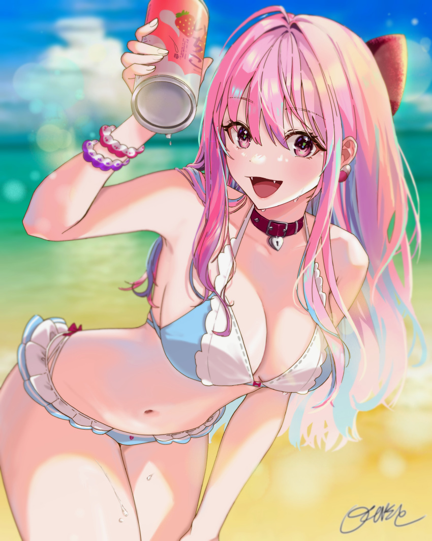 1girl 92abe1 absurdres ahoge alternate_hairstyle aqua_hair belt belt_collar bikini blue_bikini blurry blurry_background breasts can choker cleavage collar collarbone commentary earrings fangs hair_between_eyes hair_intakes highres holding holding_can idolmaster idolmaster_cinderella_girls idolmaster_cinderella_girls_starlight_stage jewelry large_breasts long_hair looking_at_viewer multicolored_hair navel open_mouth pill_earrings pink_eyes pink_hair red_belt red_choker red_collar signature smile solo stomach swimsuit thighs two-tone_hair yumemi_riamu