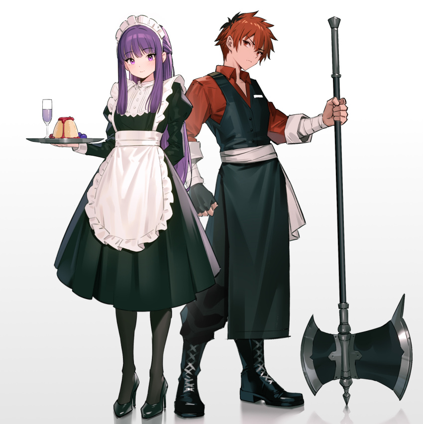 1boy 1girl 95--- alternate_costume apron axe bandaged_arm bandages battle_axe black_dress black_footwear black_gloves black_hair blunt_bangs closed_mouth collared_shirt commentary cut_bangs dress fern_(sousou_no_frieren) fingerless_gloves frilled_apron frills full_body gloves gradient_background hair_between_eyes high_heels highres holding holding_axe light_smile long_hair looking_at_viewer maid maid_apron maid_headdress male_focus multicolored_hair orange_eyes pantyhose planted planted_axe puffy_sleeves purple_eyes purple_hair red_hair red_shirt sash shirt sidelocks simple_background single_glove smile sousou_no_frieren stark_(sousou_no_frieren) straight_hair tray two-tone_hair waist_apron waist_sash waistcoat waiter weapon white_apron white_sash wrist_cuffs